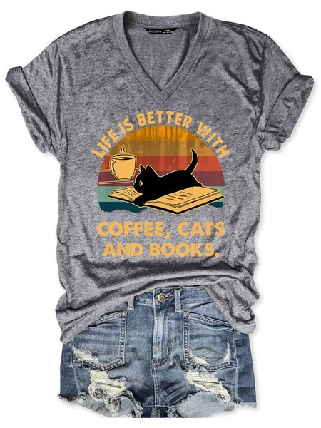 

Vintage Life Is Better With Coffee, Cats And Books Graphic Round Neck Short Sleeve Tee, Gray, T-shirts