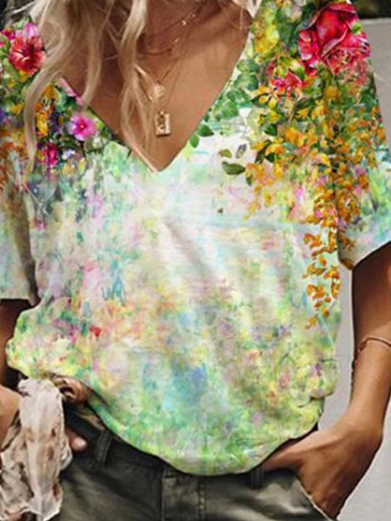 

V Neck Vintage Cotton Shirts & Tops, Multicolor, Tops