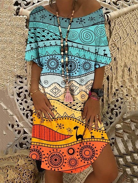 

Holiday Printed Short Sleeve Original Tribal Print Dress, As picture, Mini Dresses