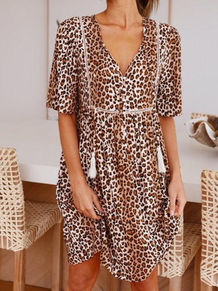 

Abito Maniche Corte Leopardo Vacanza Scollo a V, Come immagine, Mini Dresses