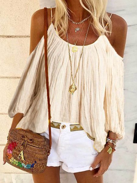 

Spaghetti Solido Casuale 3/4 Manica Top, Beige, Tank Top