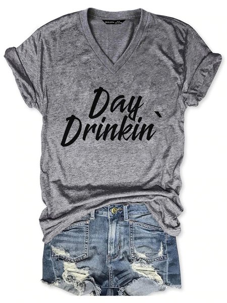 

Day Drinkin Women's V Neck Tee, Gray, T-shirts