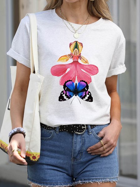 

Butterfly floral print T-shirt, White-gray, T-shirts