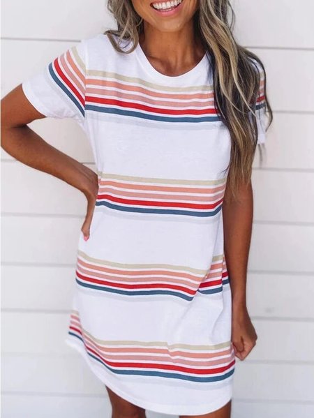 

Short Sleeve Striped Vintage Cotton-Blend Weaving Dress, White, Auto-clearance