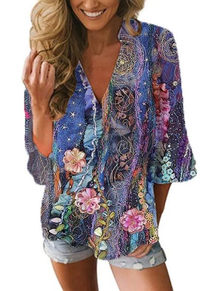 

Stampato Misto Cotone Maniche Corte Casuale Scollo a V Top, Viola, Blouses & Shirts