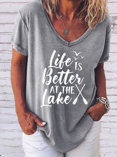 

Life Is Better At The Lake V Neck Casual Tee Summer Top, Gray, T-shirts