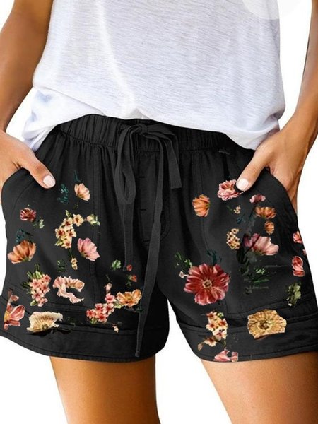 

Floral-Print Holiday Polyester Cotton Shorts, Black, Shorts