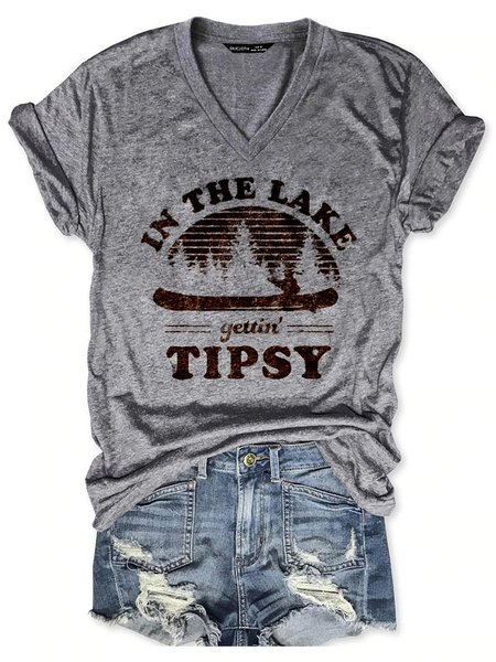 

IN THE LAKE Gettin TIPSY Short Sleeve Casual Woman's Shirts & Tops, Gray, T-shirts