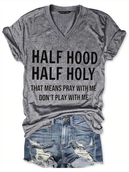 

Half Hood Half Holy Short Sleeve Letter V Neck Cotton-Blend Woman's Shirts & Tops, Gray, T-shirts