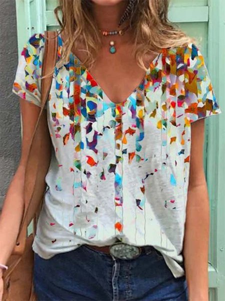 

Maniche Corte Casuale Scollo a V Stampato Top, Bianco, T-Shirts