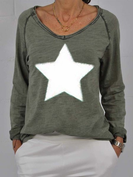 

Cotton-Blend Printed Star Casual T-shirt, Green, T-Shirts