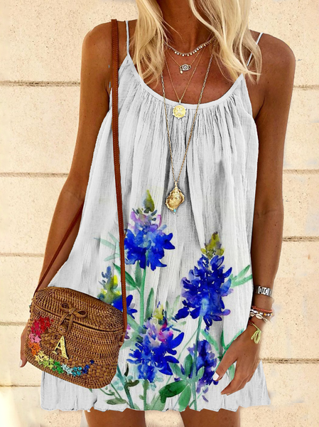 

A-Line Cotton Floral Women Dress, White, Mini Dresses
