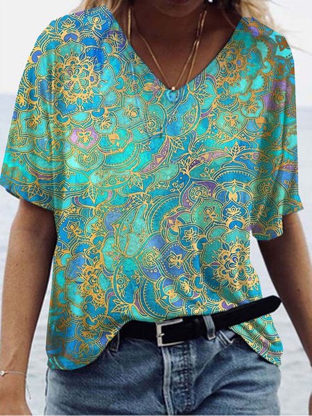 

Misto Cotone Stampato Maniche Corte Casuale Top, Blu, T-Shirts