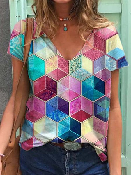 

Casual Printed Short Sleeve Cotton-Blend Shirts & Tops, Multicolor, Printed T-shirts