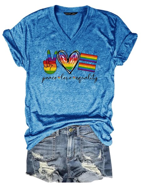 

V Neck Short Sleeve PEACE AND LOVE Shirts & Tops, Blue, T-shirts