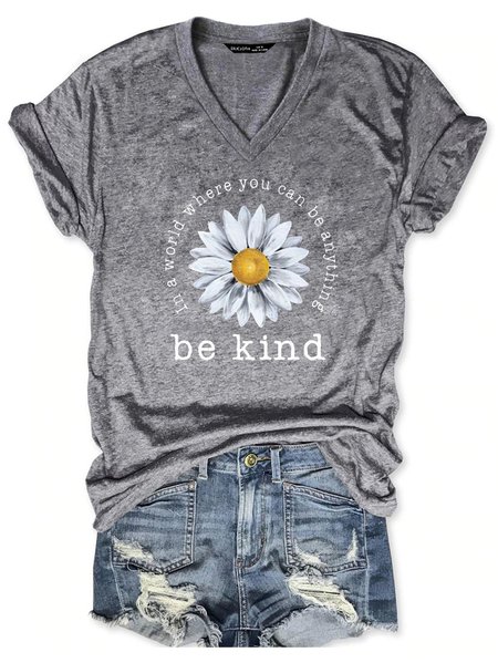 

Sun flower BE KIND Tee V Neck Short Sleeve T-Shirt, Gray, T-shirts