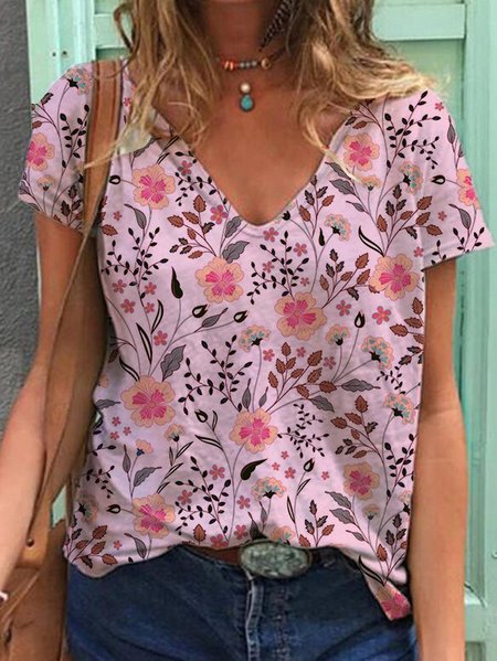 Casual Cotton-Blend Short Sleeve Floral-Print T-shirt, Pink, Tees & T-shirts