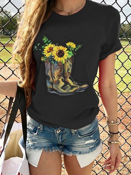 

Sunflower Boots Graphic Short Sleeve Round Neck Loose Tee, Black, T-shirts