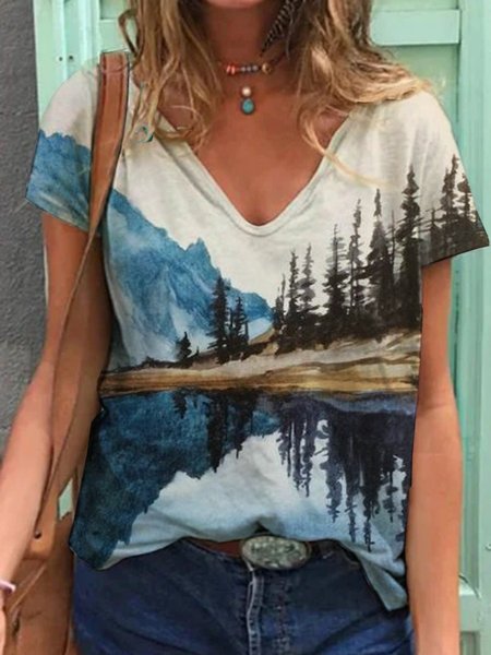 

Tropicale Maniche Corte Stampato Misto Cotone Scollo a V Casuale Estate Blu Superiore, T-Shirts