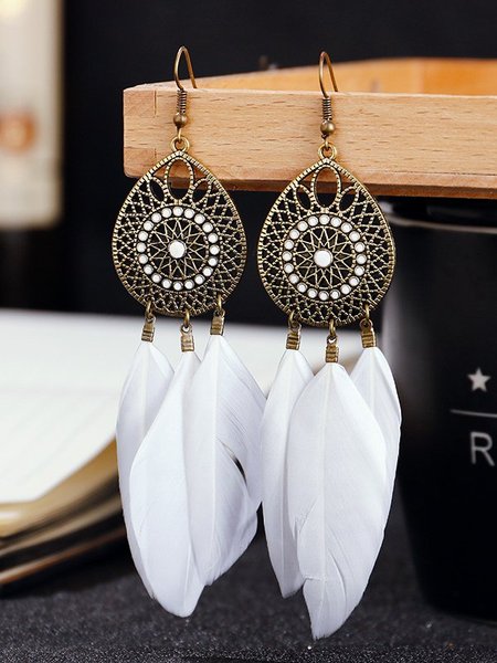 

Vintage Boho Feather Earrings, White, Accessories
