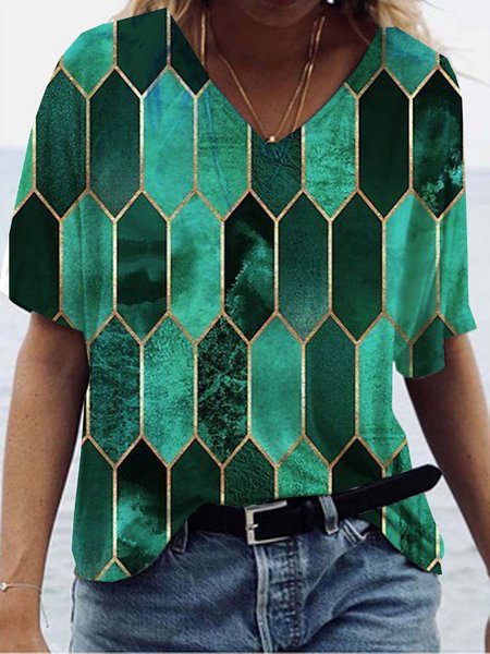 

Scollo a V Maniche Corte Stampato Top, Multicolore, T-Shirts