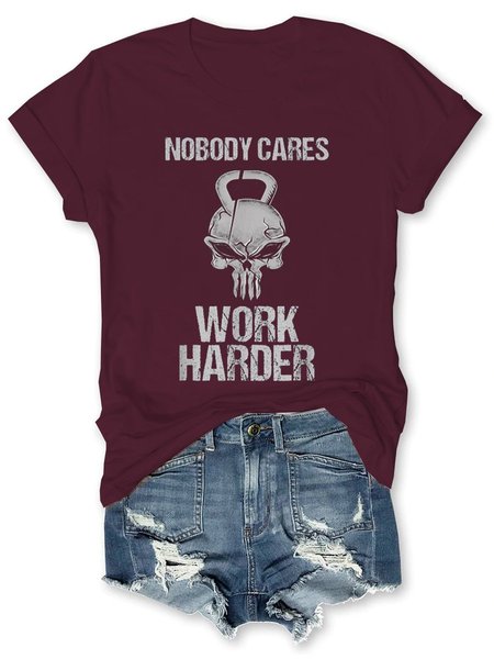 

Nobody Cares Work Harder Skull Graphic Tee, Wine red, T-shirts