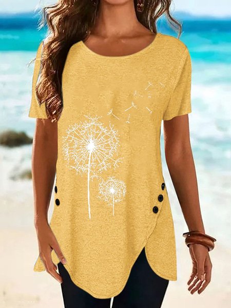 Girocollo Maniche Corte Misto Cotone Top, Giallo, Blouses & Shirts