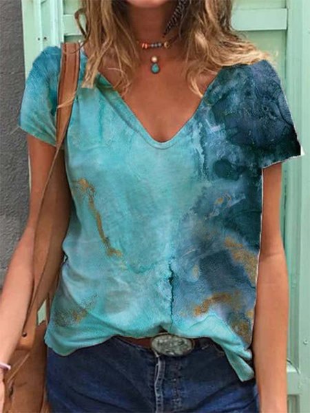 

Maniche Corte Stampato Misto Cotone Casuale Top, Blu, T-Shirts