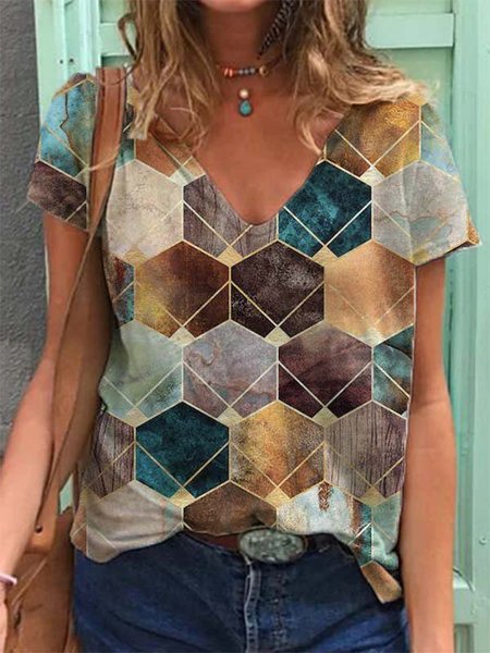 

Maniche Corte Casuale Misto Cotone Stampato Top, Multicolore, T-Shirts