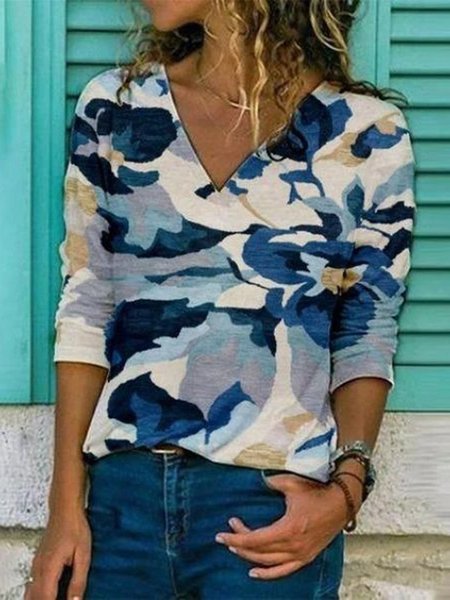 

Blu Lungo Stampato Scollo a V Manica Casuale Top, Blouses & Shirts