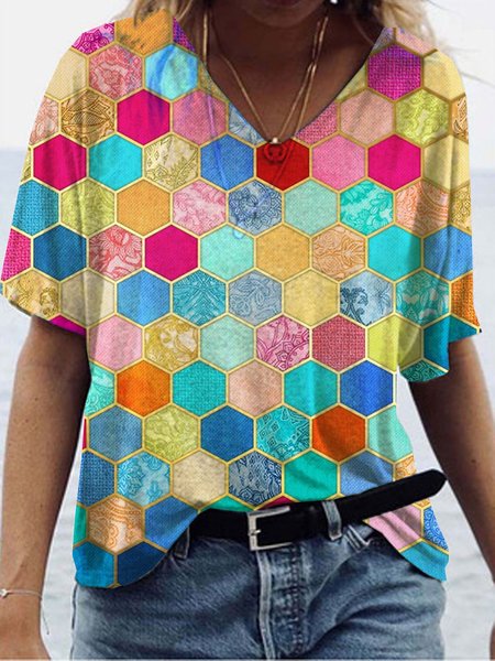 

Casuale Misto Cotone Stampato Maniche Corte Top, Multicolore, T-Shirts