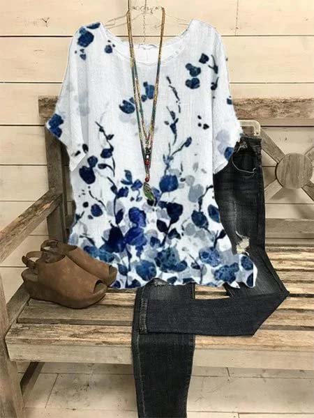 Printed Cotton-Blend Short Sleeve Casual Tops, White, Tops
