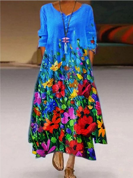 

Casuale Stampato Floreale 3/4 Manica Abito, Blu, Maxi Dresses