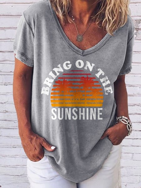

Bring On The Sunshine Graphic Short Sleeve V-Neck Loose Tee, Gray, T-shirts