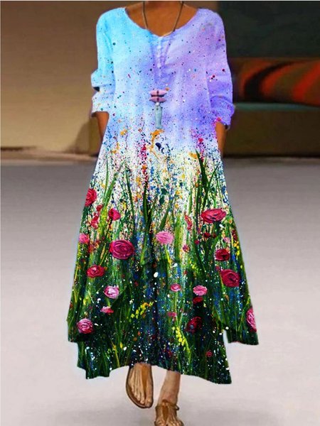 

Casuale Stampato Girocollo 3/4 Manica Abito, Blu, Dresses