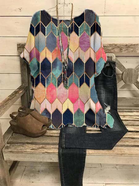 Printed Short Sleeve Cotton-Blend Casual Tops, Multicolor, Blouses & Shirts