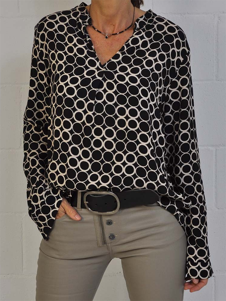 

Casuale Stampato Misto Cotone Maniche Lunghe Top, Nero, Blouses & Shirts