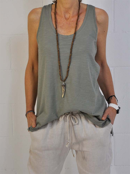 

Solido Misto Cotone senza maniche Girocollo Casuale Top, Grigio, Tank Top