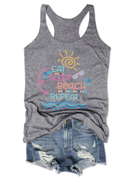 

Eat Sleep Beach Repeat Graphic Tank Top, Gray, Tank Tops
