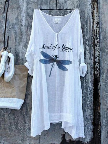 

Stampato Libellula Maniche Lunghe Gonna Casuale, Bianco, Linen & Cotton Dresses