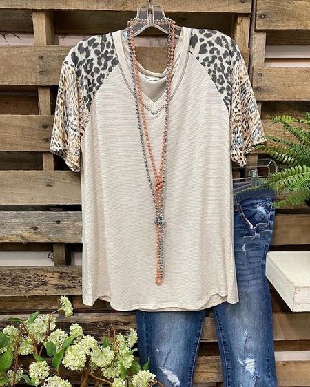 

Leopard Short Sleeve Printed Cotton-blend V neck Casual Summer Light Khaki Top, Auto-Clearance