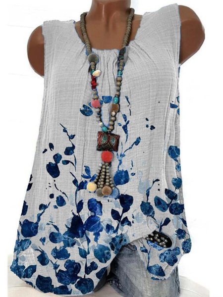 

Sleeveless Cotton-Blend Casual Floral Shirts & Tops, White, Tank Tops & Camis