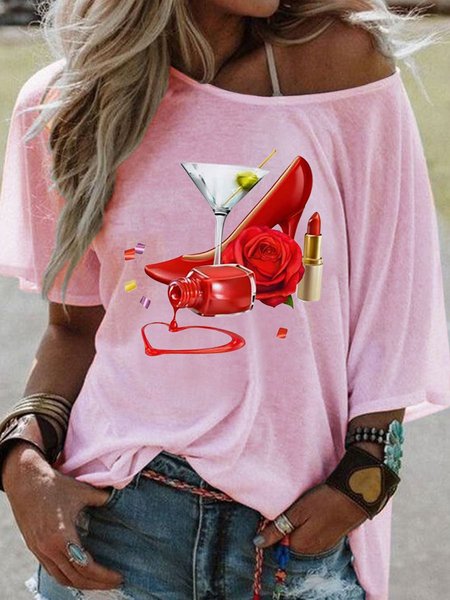 

Women Wine Lipstick High heels Short Sleeve Casual Tee, Pink, T-shirts