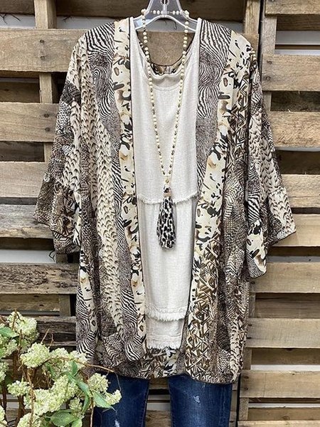 

Leopard Short Sleeve Printed Cotton-blend V neck Vintage Summer Brown Outwear, Auto-Clearance