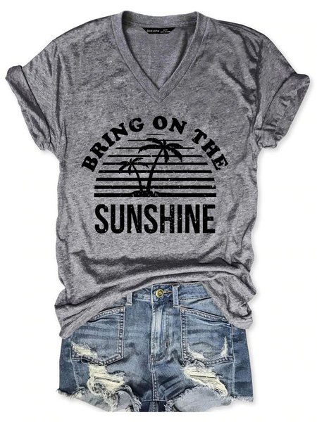 

Bring On The Sunshine Graphic Short Sleeve V-Neck Loose Tee, Gray, T-shirts