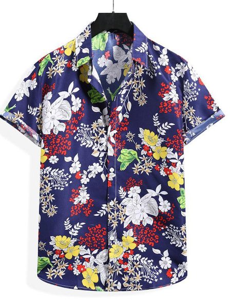

Printed Shirt Collar Casual Shirts & Tops, Blue, Short Sleeves Shirts