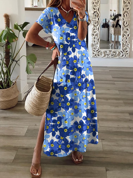 

Abito Dritto Maniche Corte Bohemian, Blu, Dresses
