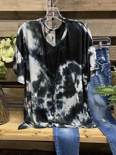 

Ombre/Tintura a nodi Maniche Corte Stampato Misto Cotone Scollo a V Casuale Estate Nero Superiore, T-Shirts