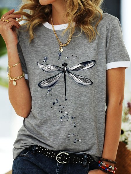 Dragonfly Pattern Summer Cotton Shirts & Top, Gray, T-Shirts
