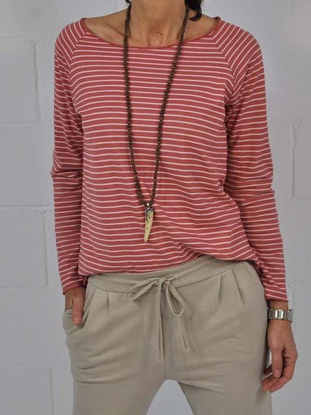 Crew Neck Long Sleeve Striped Casual T-shirt, Red, T-Shirts